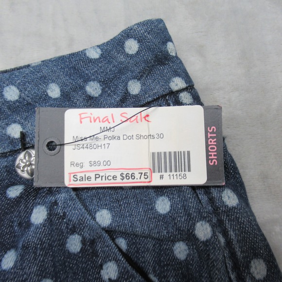 Miss Me Shorts Womens 31 Blue Polka Dot Denim Cuffed Whisker Fade Jean $89 NEW - Picture 3 of 11